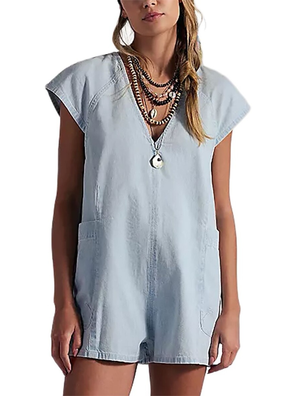Free People Free Fall V-Neck Short Sleeve Denim Romper NWT SZ S MSRP $128